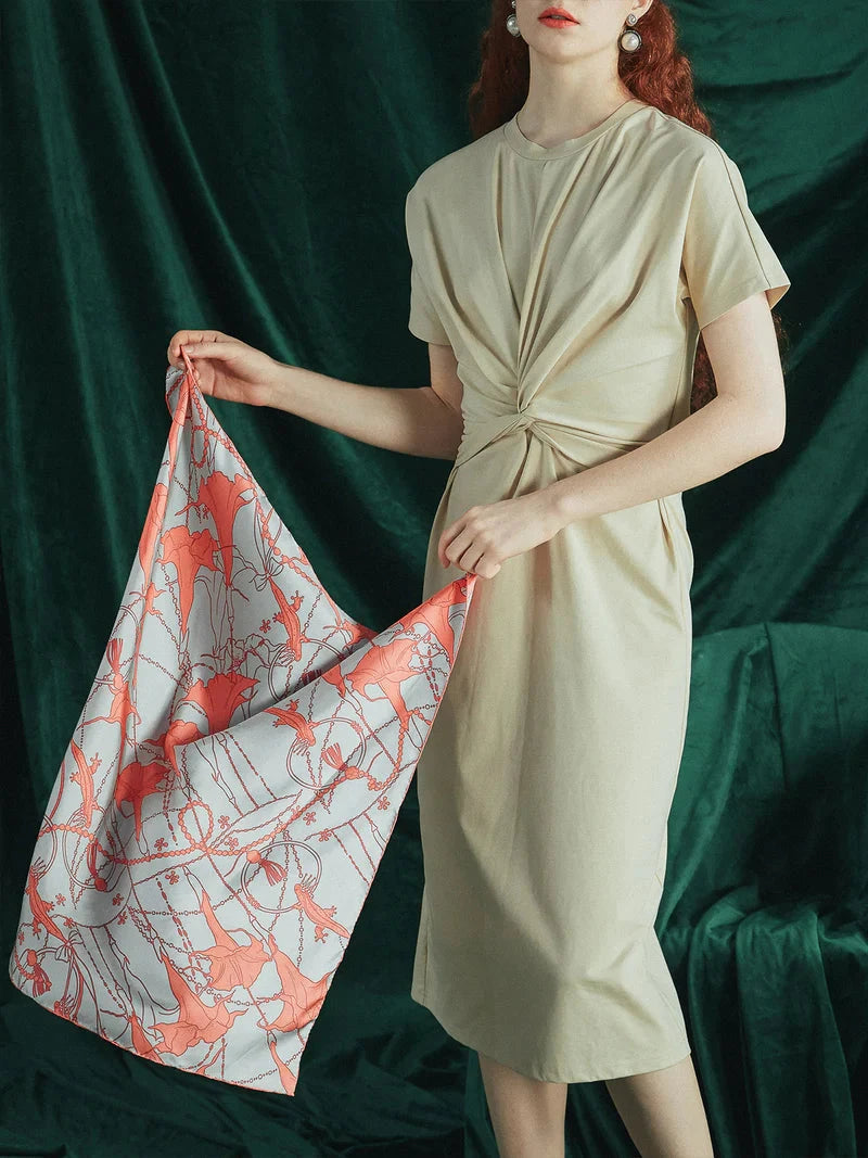 Datura Silk Bandana Scarf Silver &amp; Orange Scarves Lost Pattern NYC 