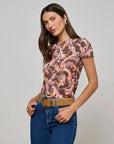 Ressi Fitted Tee Brown/ Pink Abstract Paisley Tops - Tees L'Agence 