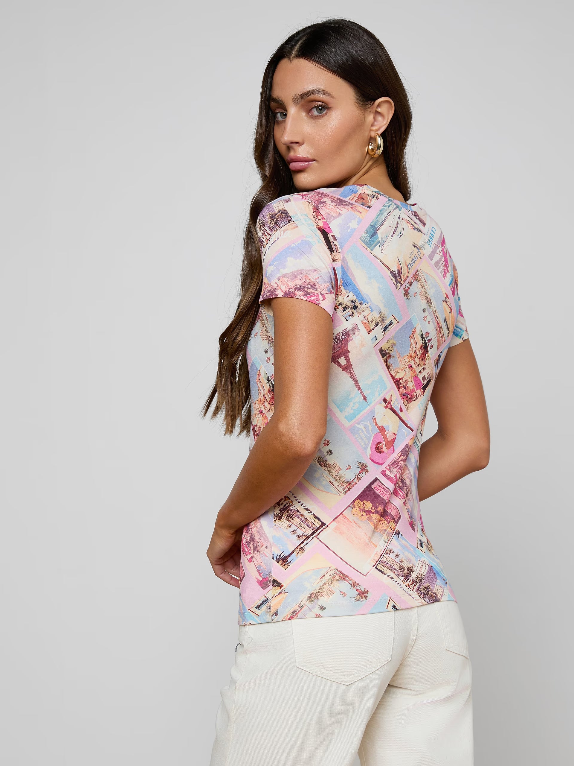 Ressi Fitted Crew Tee Postcard Print Light Pink Tops - Tees L'Agence 