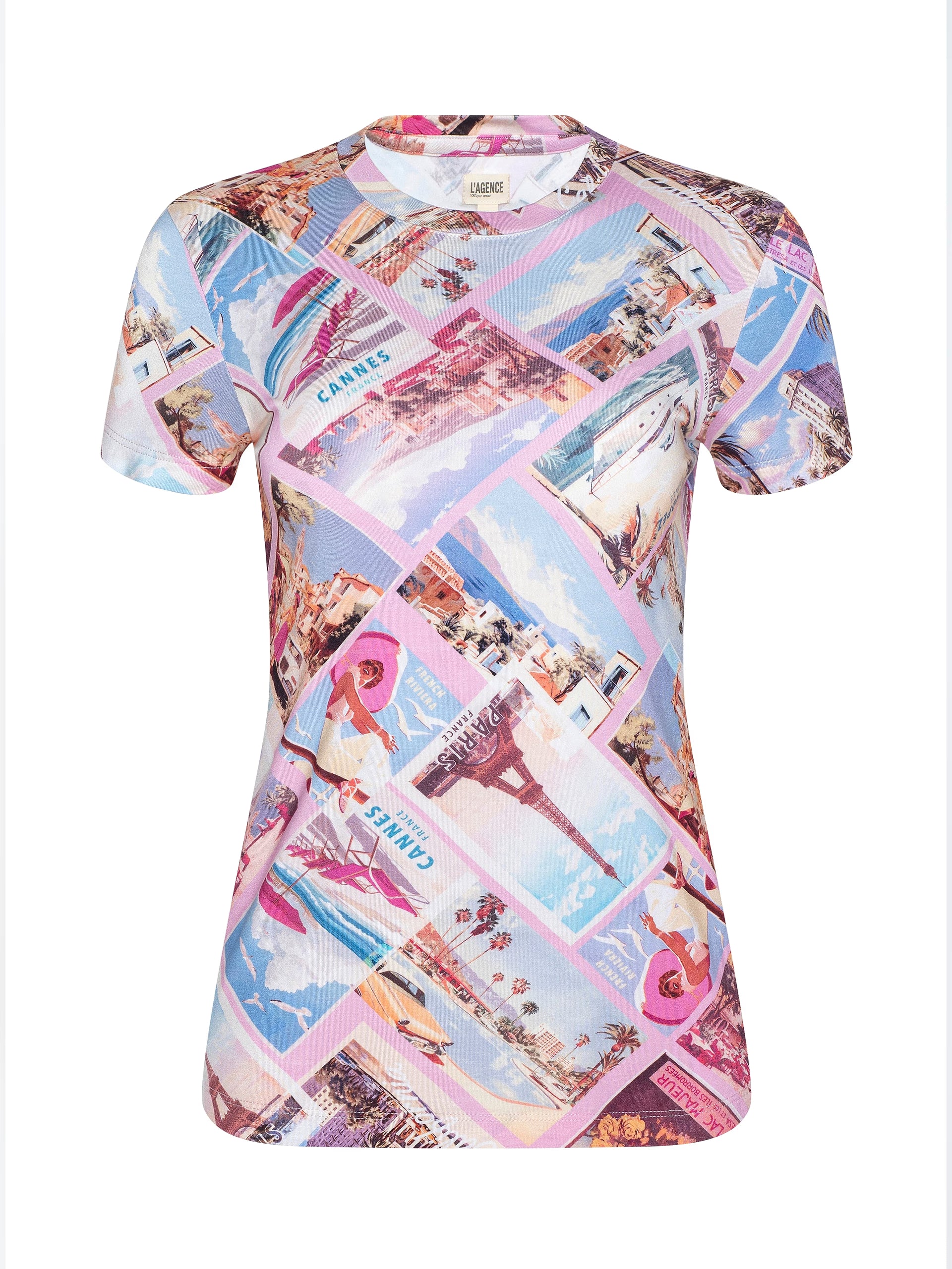 Ressi Fitted Crew Tee Postcard Print Light Pink Tops - Tees L'Agence 