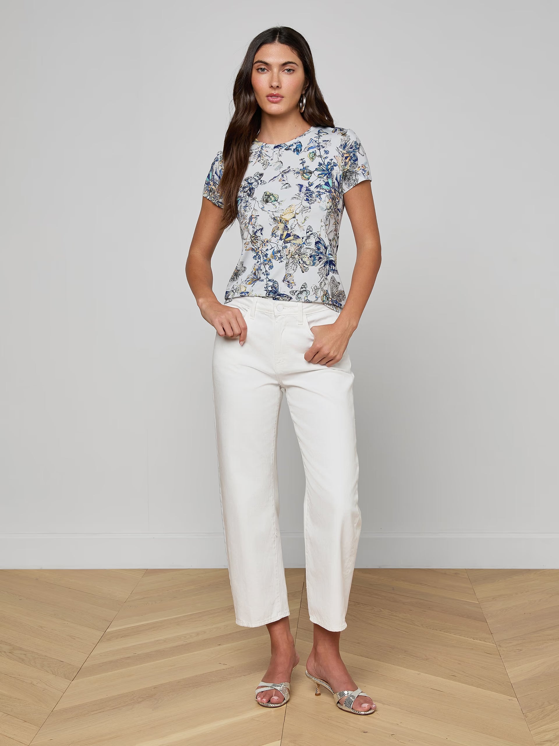 Ressi Fitted Crew Tee Watercolor Butterfly Gray Tops - Tees L'Agence 