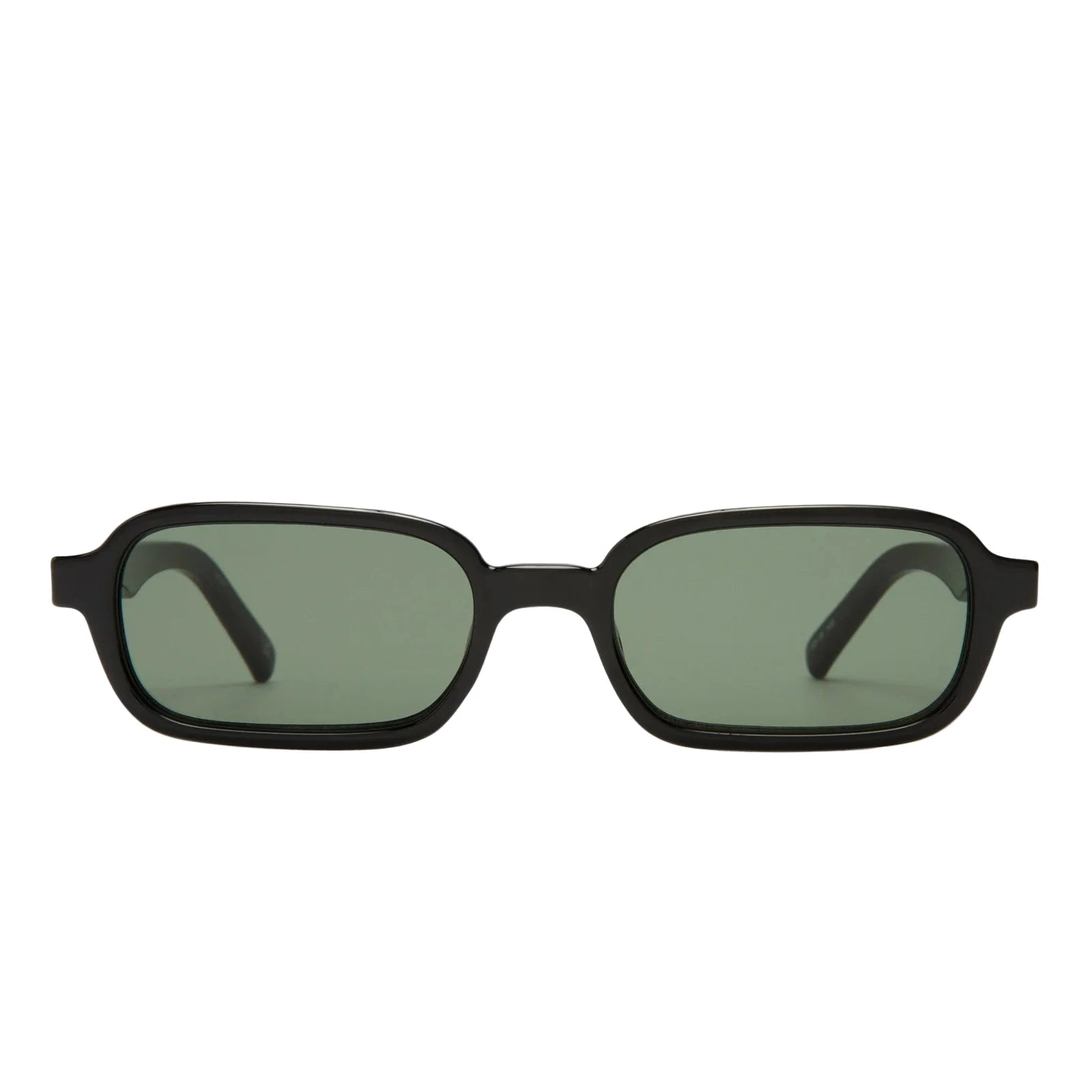 Black sunglasses with green lenses on a white background