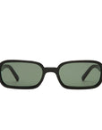 Black sunglasses with green lenses on a white background