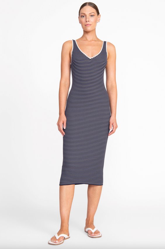 Dana Dress Navy Micro Stripe Dresses - Midi Staud 