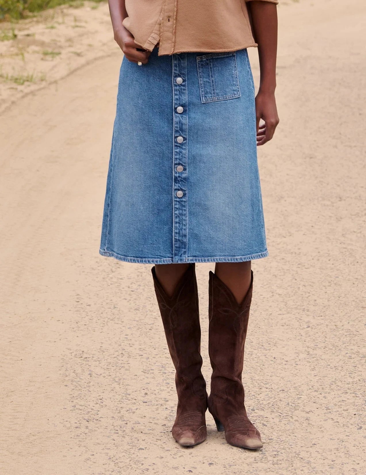 Shannon Classic Denim Skirt Medium Wash Skirts - Midi Frank & Eileen 