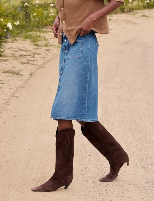 Shannon Classic Denim Skirt Medium Wash Skirts - Midi Frank & Eileen 