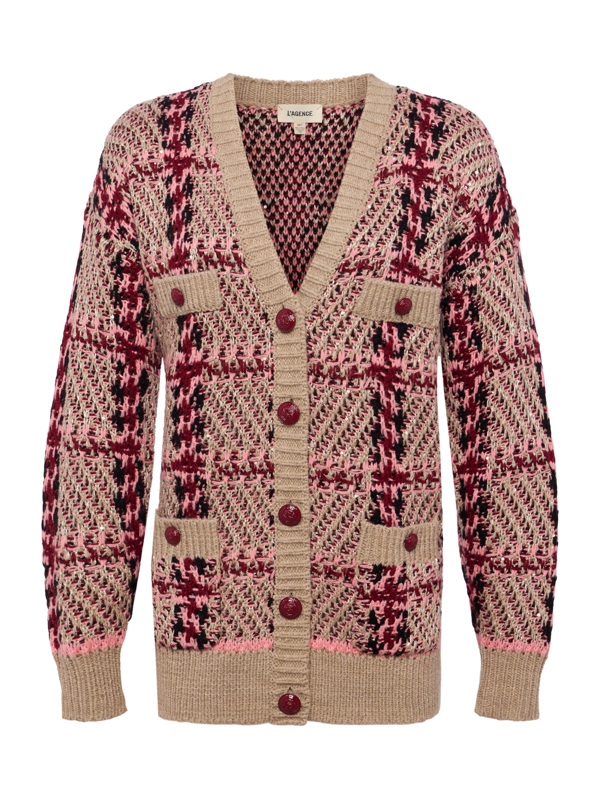 Macie Houndstooth Cardi Natural/Pink/Burgundy/Black Sequin