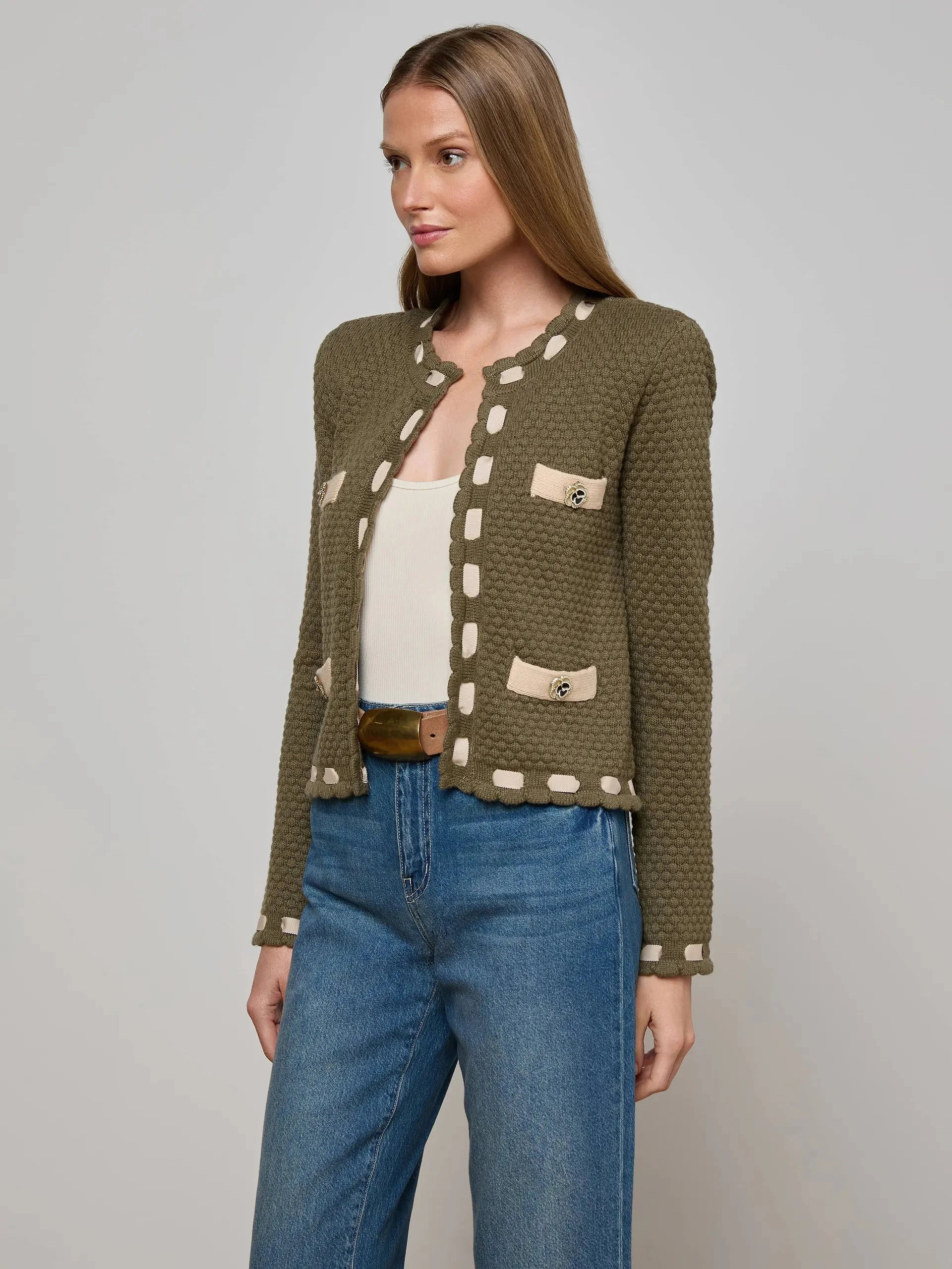 Astor Contrast Trim Cardigan Army/Biscuit Sweater - Cardigans L'Agence 