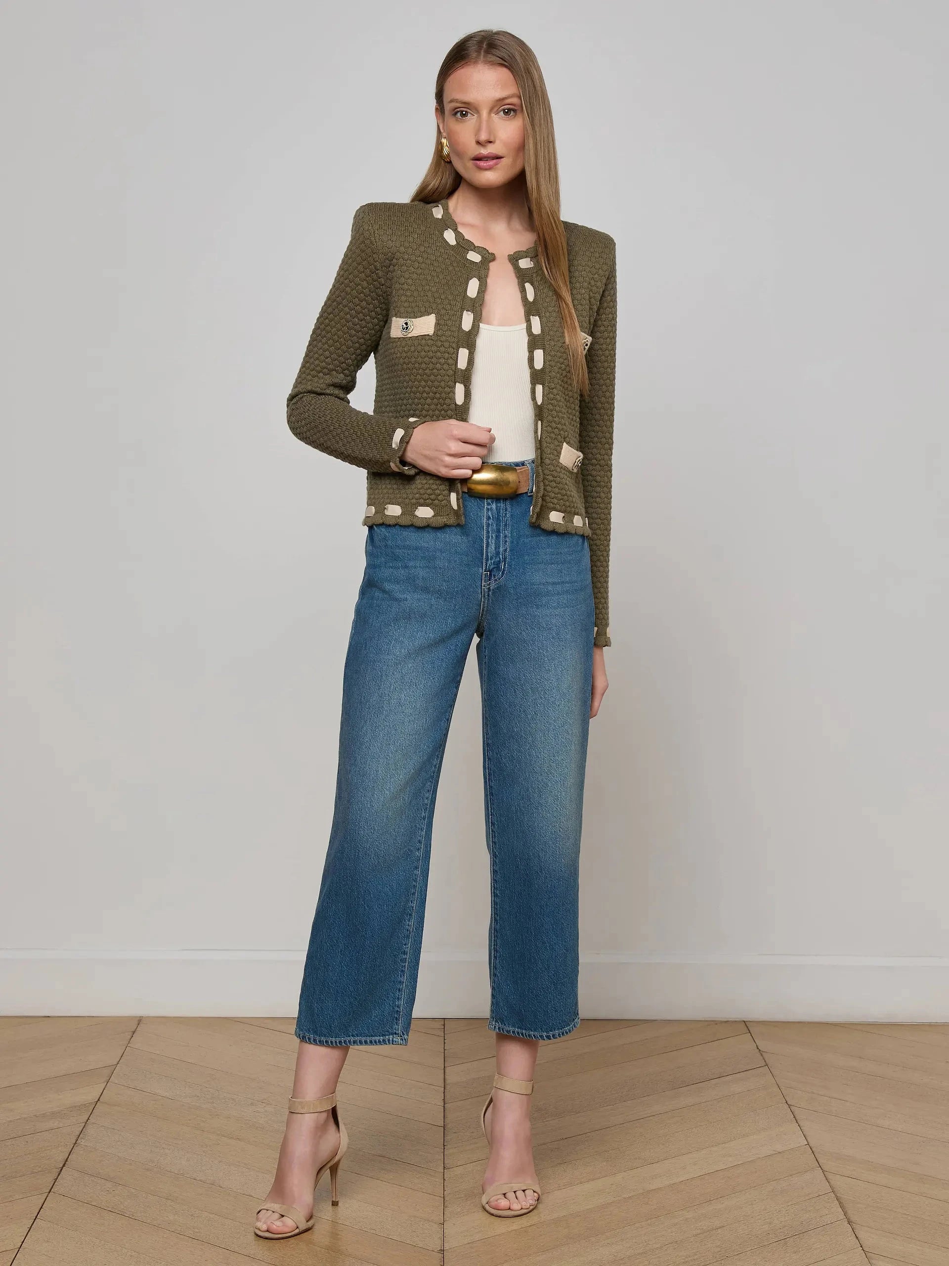 Astor Contrast Trim Cardigan Army/Biscuit Sweater - Cardigans L'Agence 