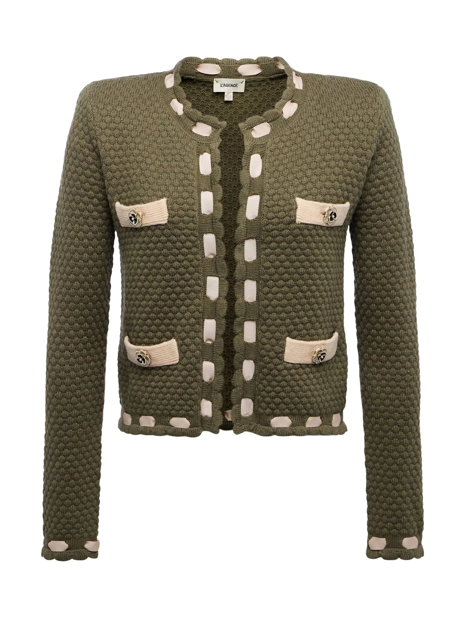 Astor Contrast Trim Cardigan Army/Biscuit Sweater - Cardigans L'Agence 