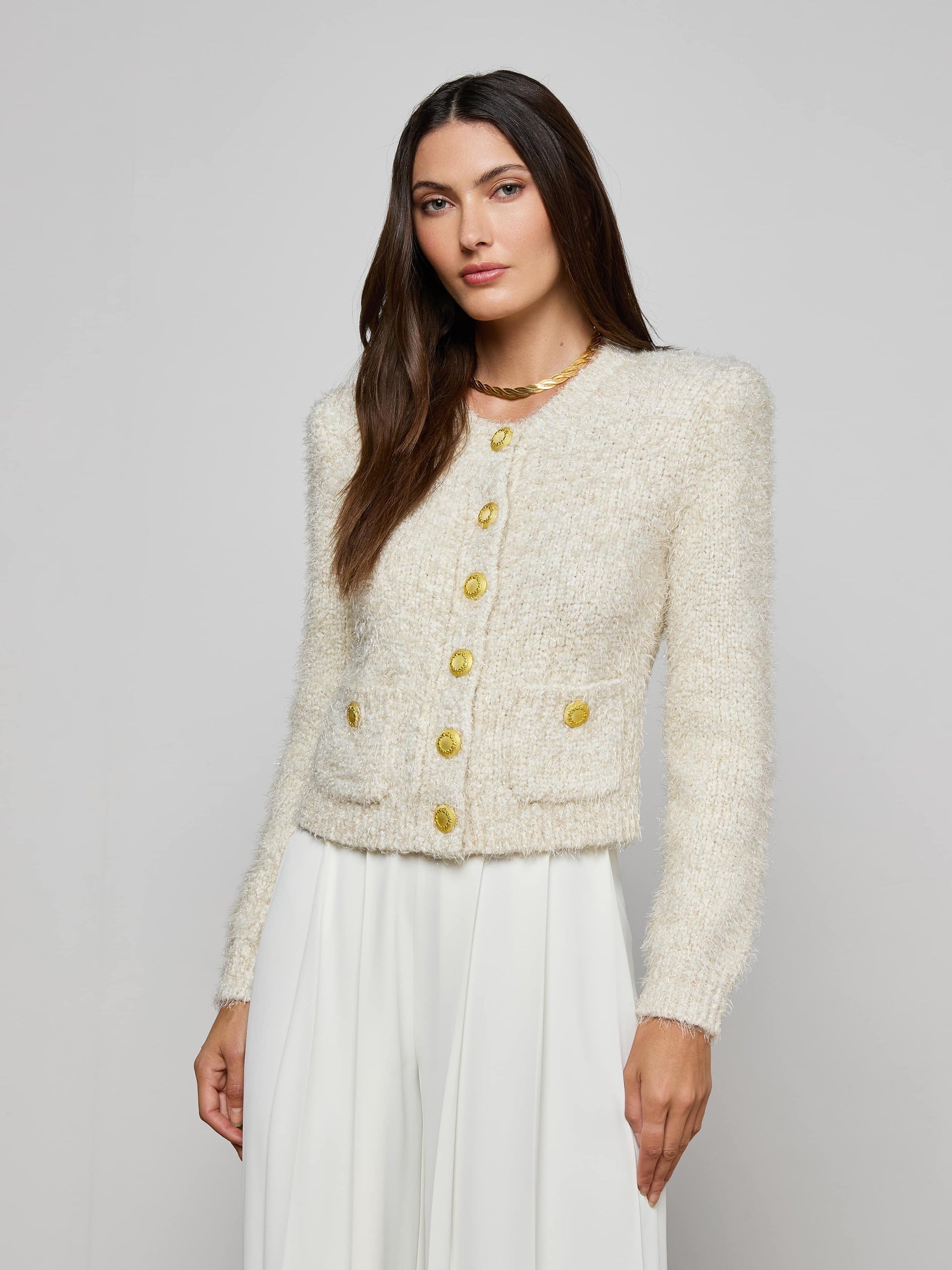 Una Knit Cardigan Ivory/Gold Lurex Multi Sweater - Cardigans L'Agence 