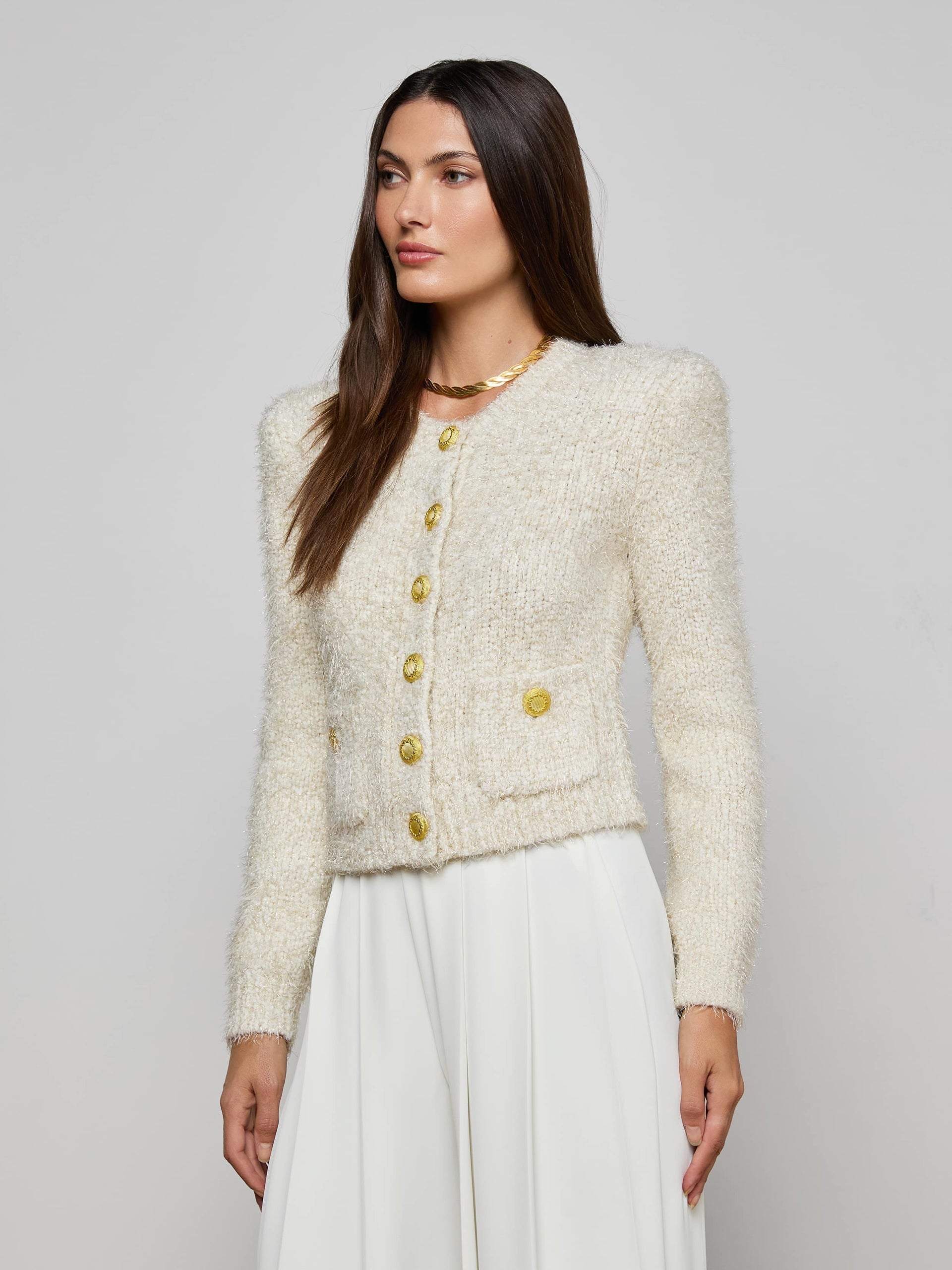 Una Knit Cardigan Ivory/Gold Lurex Multi Sweater - Cardigans L'Agence 
