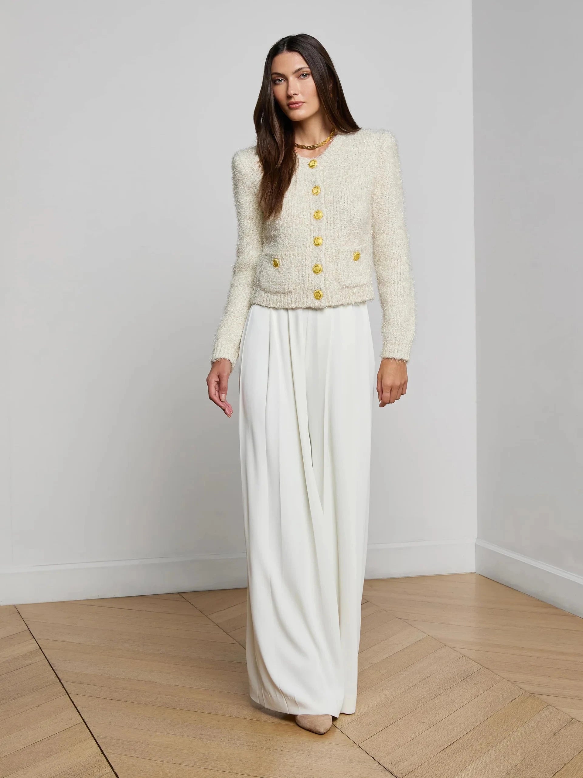 Una Knit Cardigan Ivory/Gold Lurex Multi Sweater - Cardigans L'Agence 