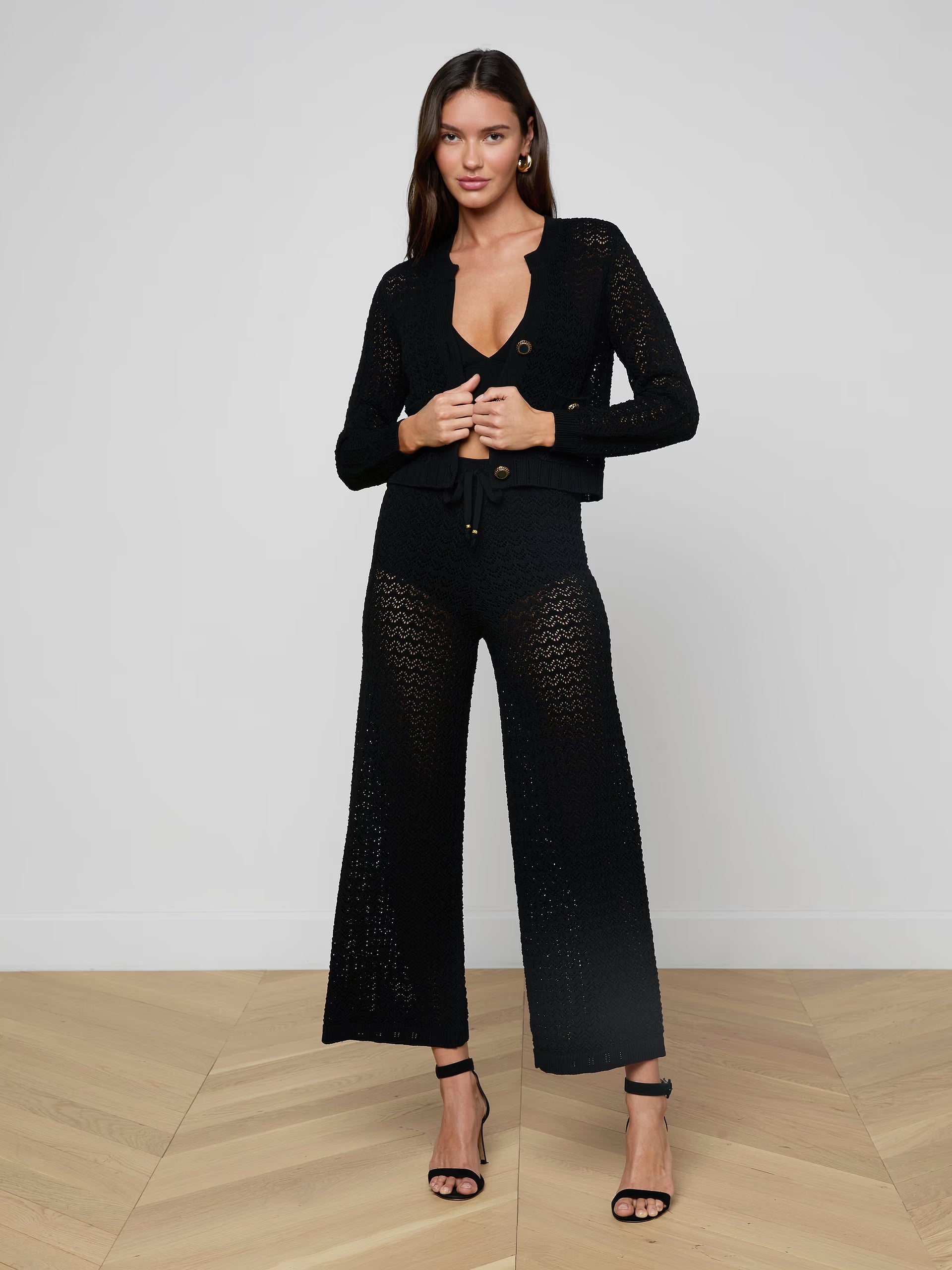 Orla Pointelle Knit Top Black Sweater - Cardigans L'Agence 