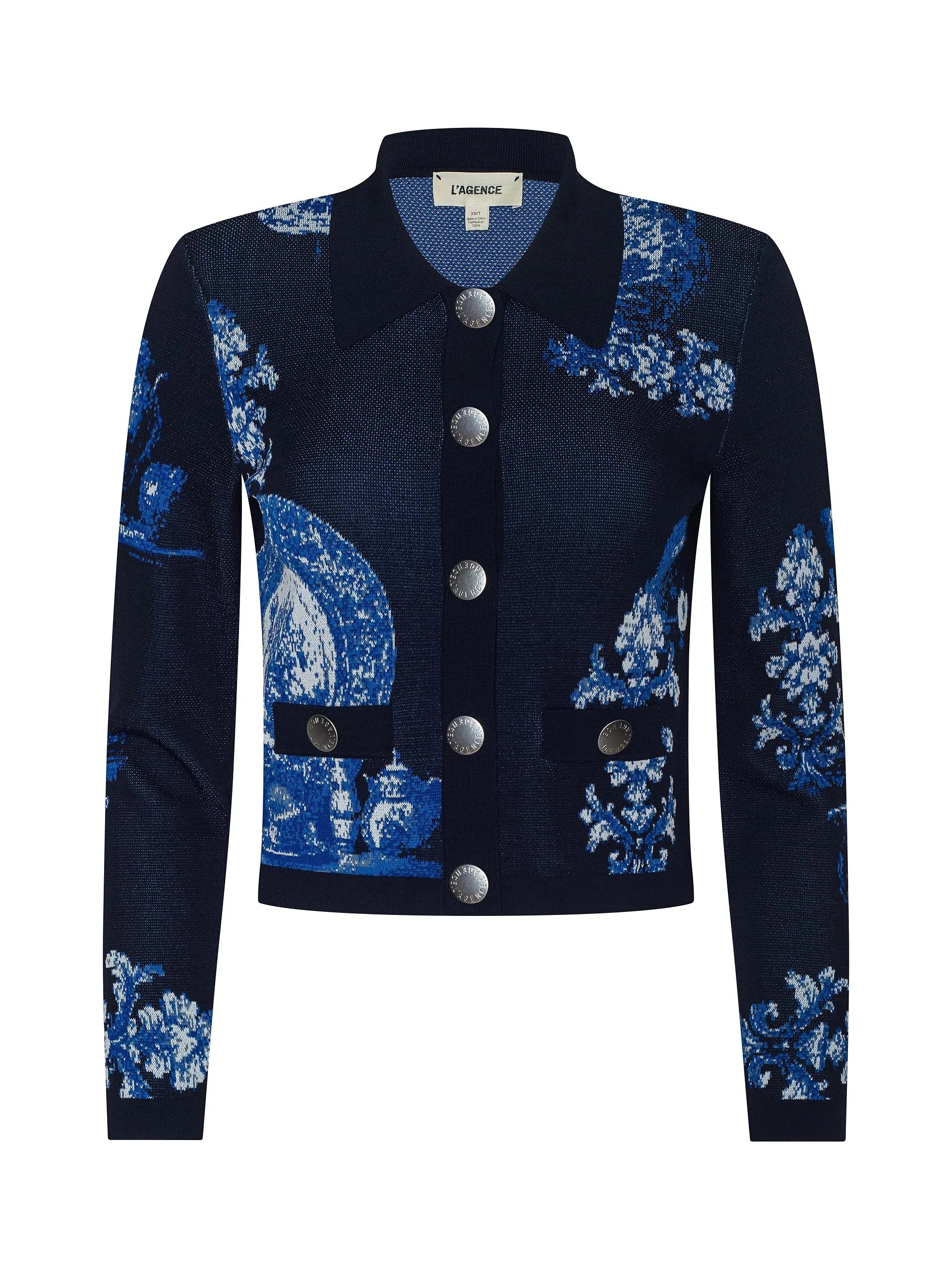 Osiris Jacquard Cardigan Black/Blue Large Porcelain Sweater - Cardigans L'Agence 