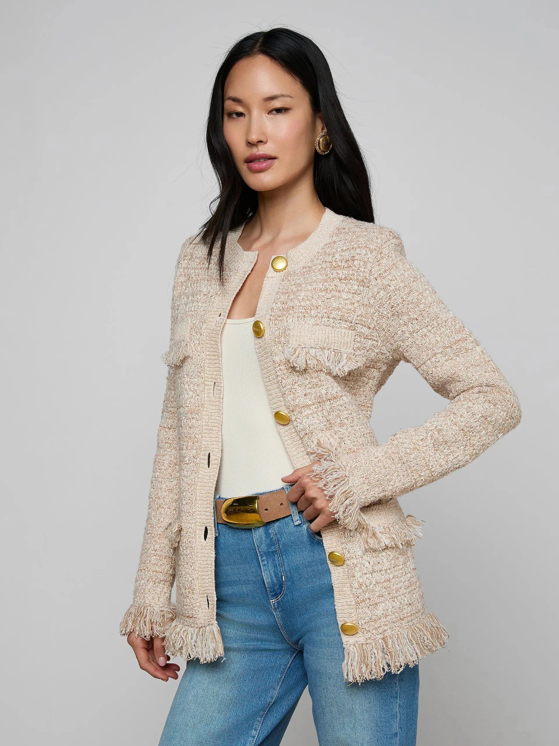 Kastoria Fringe Cardigan Natural Multi Sweater - Cardigans L'Agence 