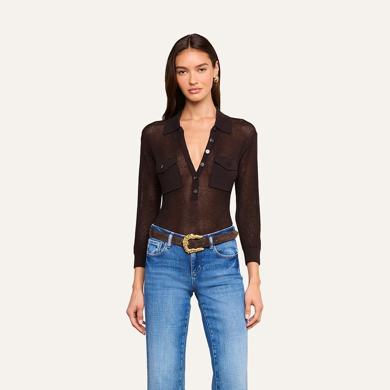 Carine Pointelle Collared Sweater Coffee Bean Sweater - Polo L'Agence 