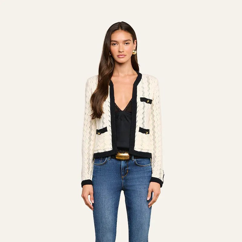 Zephyra Pointelle Knit Cardigan Ivory/Black Sweater - Cardigans L'Agence 