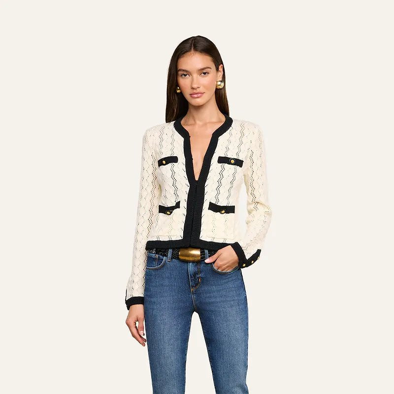 Zephyra Pointelle Knit Cardigan Ivory/Black Sweater - Cardigans L'Agence 