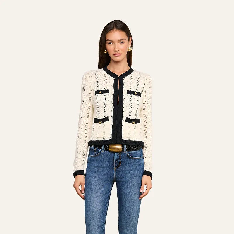 Zephyra Pointelle Knit Cardigan Ivory/Black Sweater - Cardigans L'Agence 