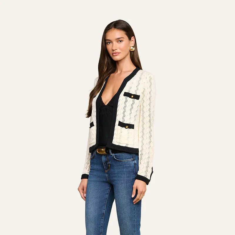 Zephyra Pointelle Knit Cardigan Ivory/Black Sweater - Cardigans L'Agence 