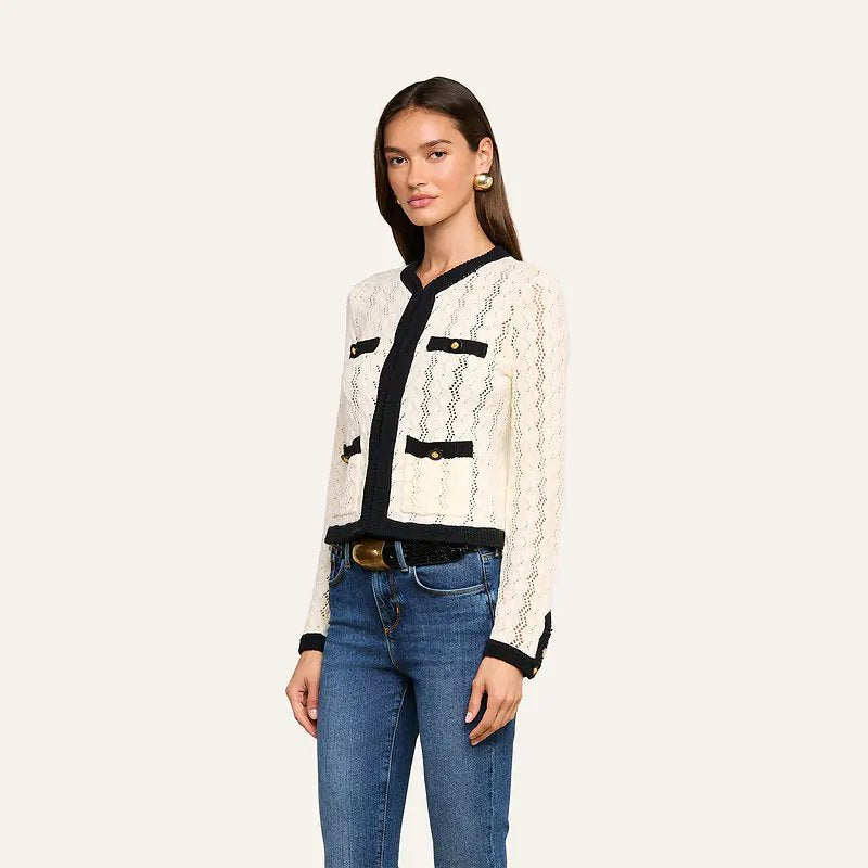 Zephyra Pointelle Knit Cardigan Ivory/Black Sweater - Cardigans L'Agence 