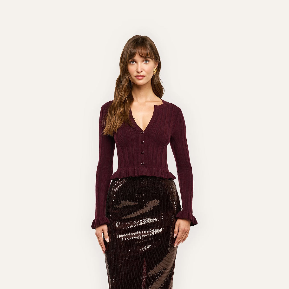 Finian Ruffle Cardigan Dark Syrah/Gold Sweater - Cardigans L'Agence 
