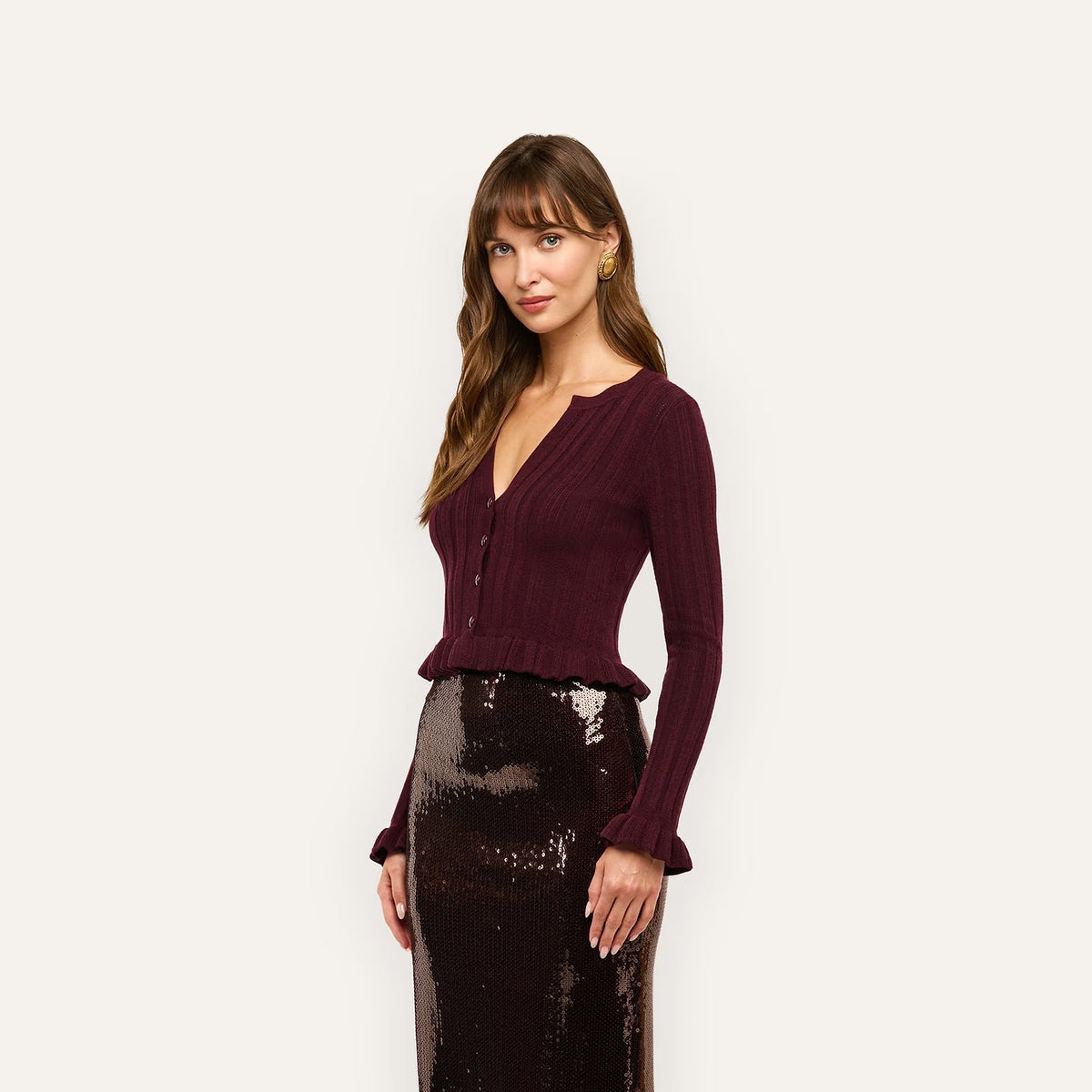 Finian Ruffle Cardigan Dark Syrah/Gold Sweater - Cardigans L'Agence 