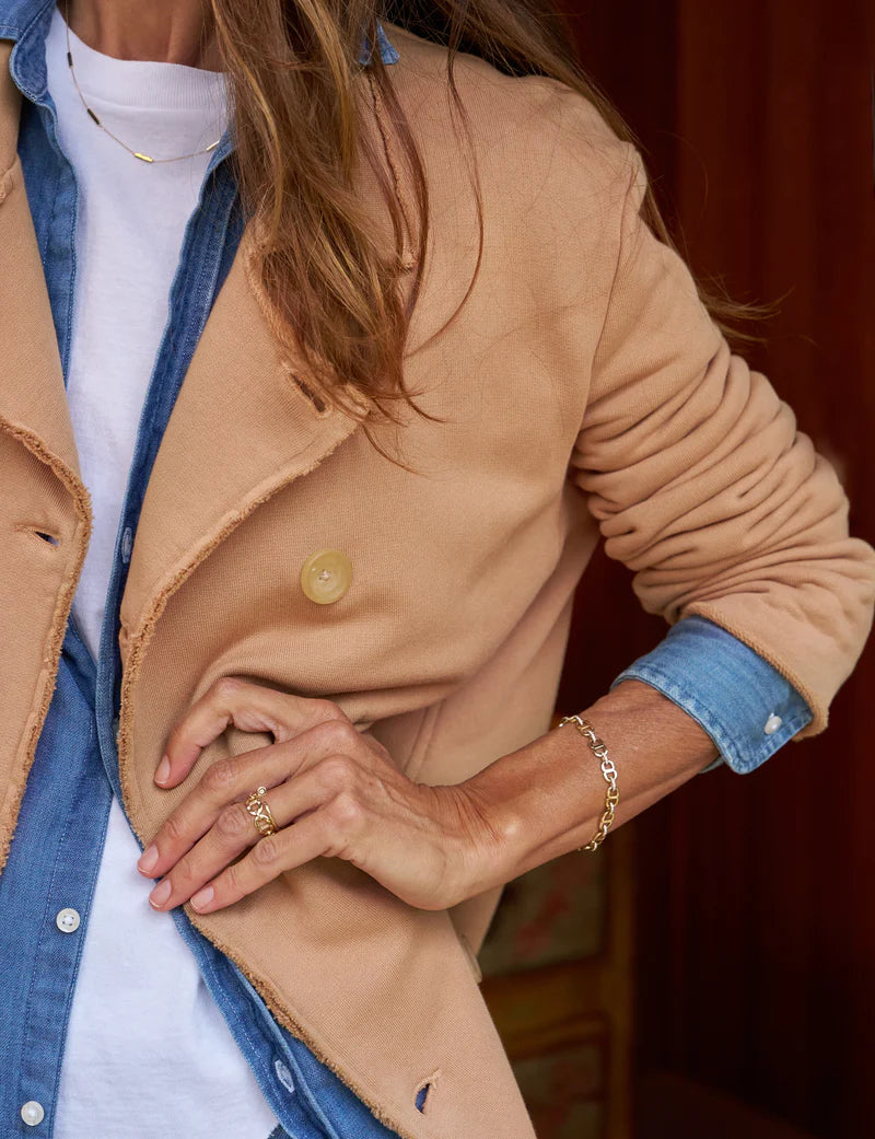 close up of brunette model wearing the  Frank & Eileen Sweatshirt Trench Coat Camel also wearing a  denim shirt and white tee with her hand on her hip