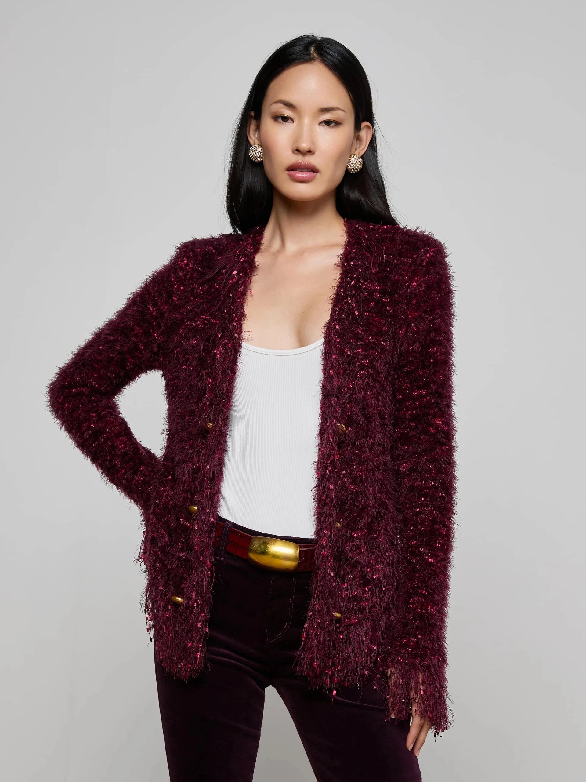 Azure Fringe Cardigan Blazer Malbec Multi/Gold Sweater - Cardigans L'Agence 