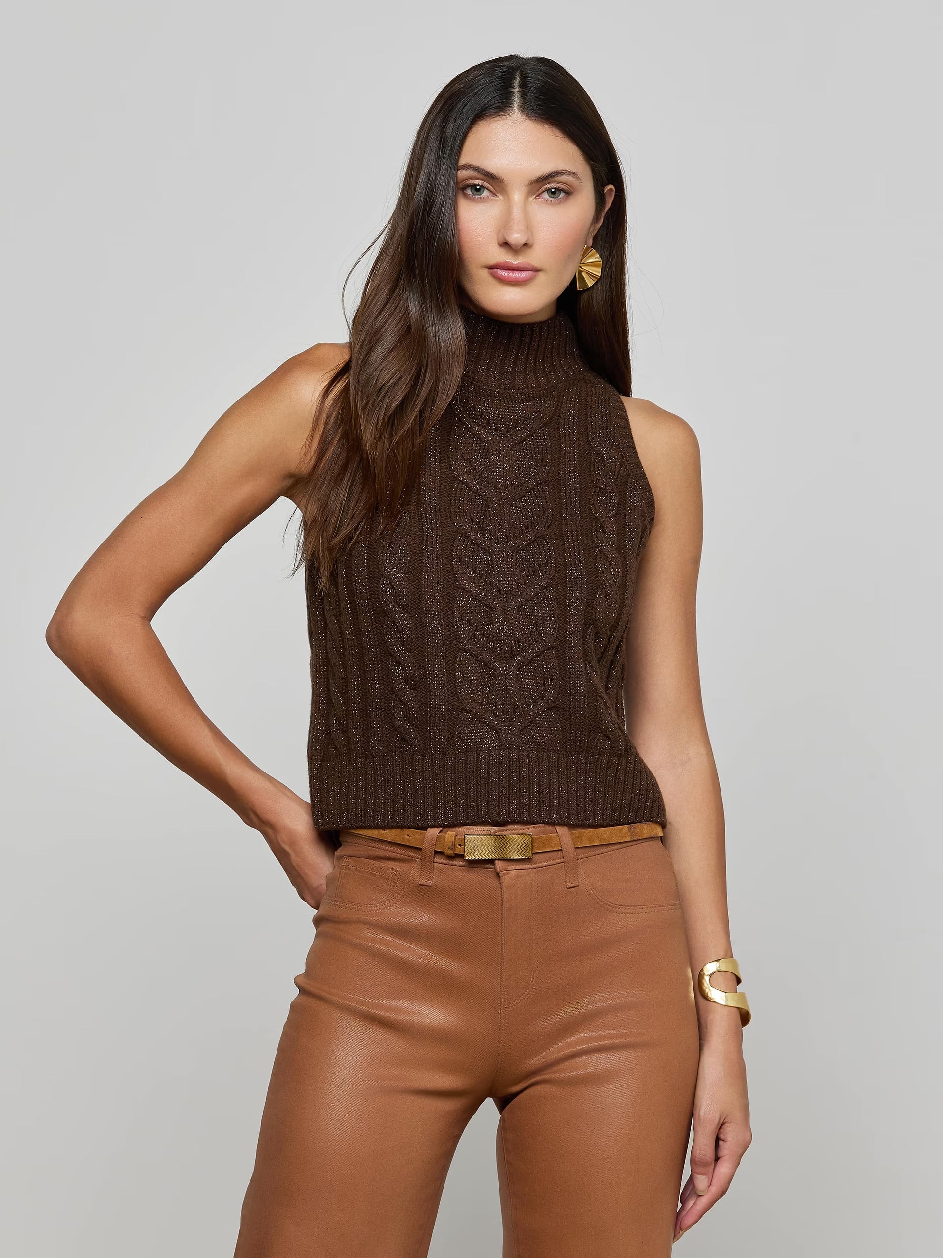 Bellini Cable-Knit Turtleneck Tank Dark Brown Sweater - Turtleneck L'Agence 