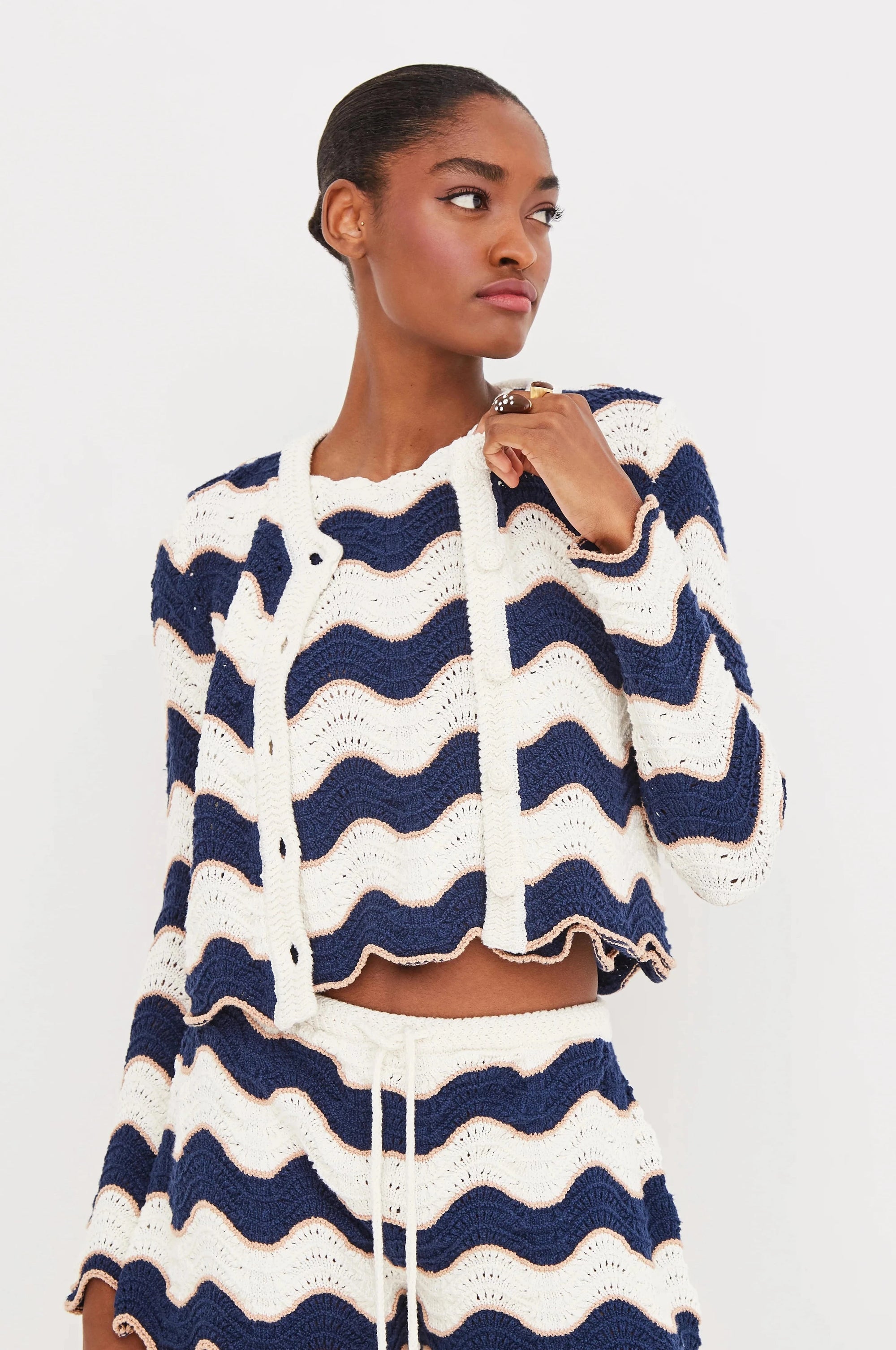 Jolene Cardigan Crochet Wave Stripe Sweater - Cardigans Cara Cara 