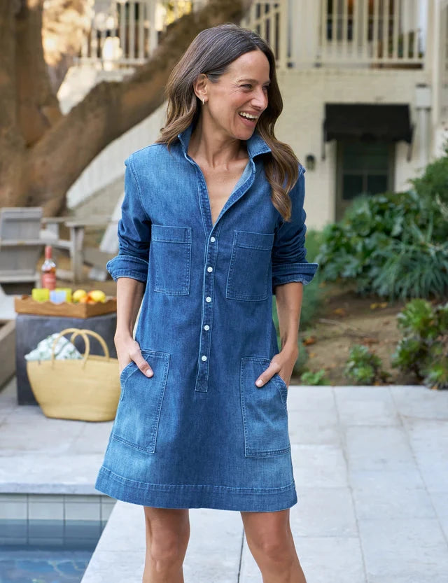 Ireland Long Sleeve Utility Dress Washed Blue Dresses - Short Frank & Eileen 