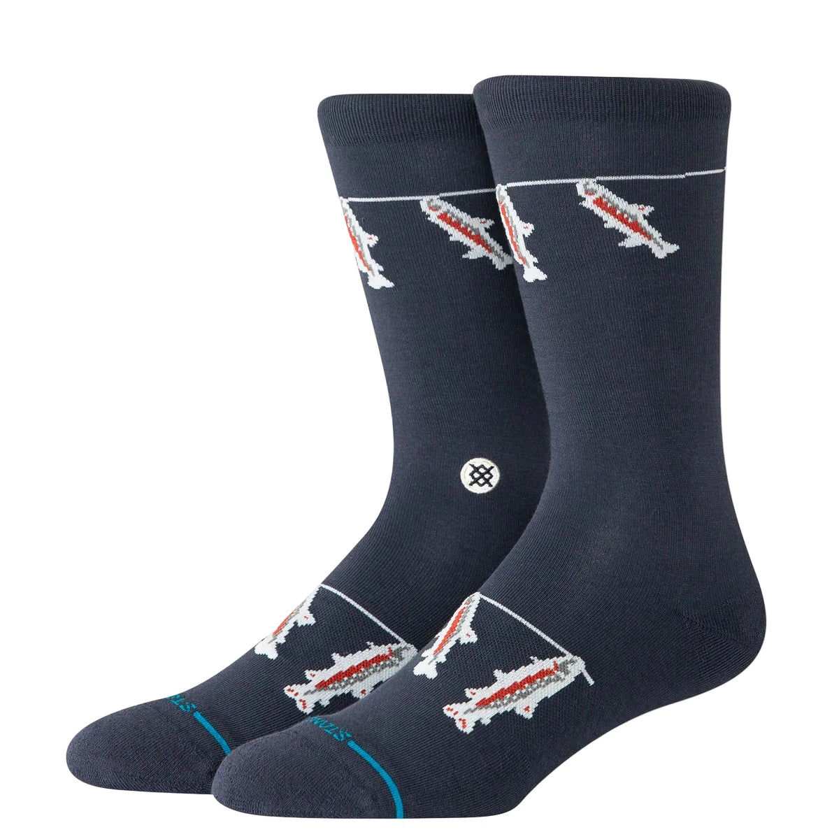 Navy socks with fish and line design on a white background