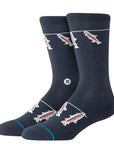 Navy socks with fish and line design on a white background