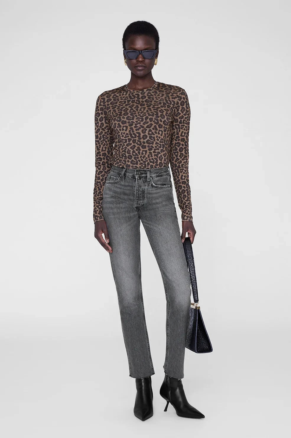 Sylvie Long Sleeve Tee Black And Brown Leopard Tops - Tees Anine Bing 