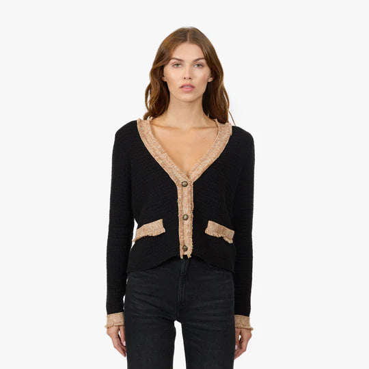 Fringe Trimmed V-Neck Jacket Black Combo Sweater - Cardigans Autumn Cashmere 