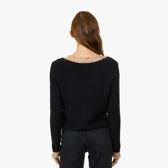 Fringe Trimmed V-Neck Jacket Black Combo Sweater - Cardigans Autumn Cashmere 