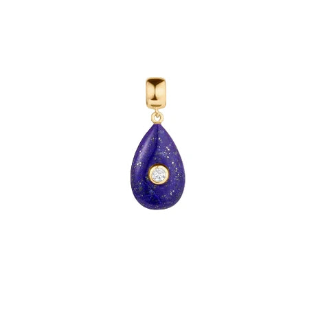 Teardrop-shaped purple pendant with gold accents on a white background