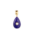 Teardrop-shaped purple pendant with gold accents on a white background