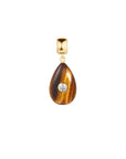 Teardrop-shaped pendant with tiger's eye stone and diamond on a white background