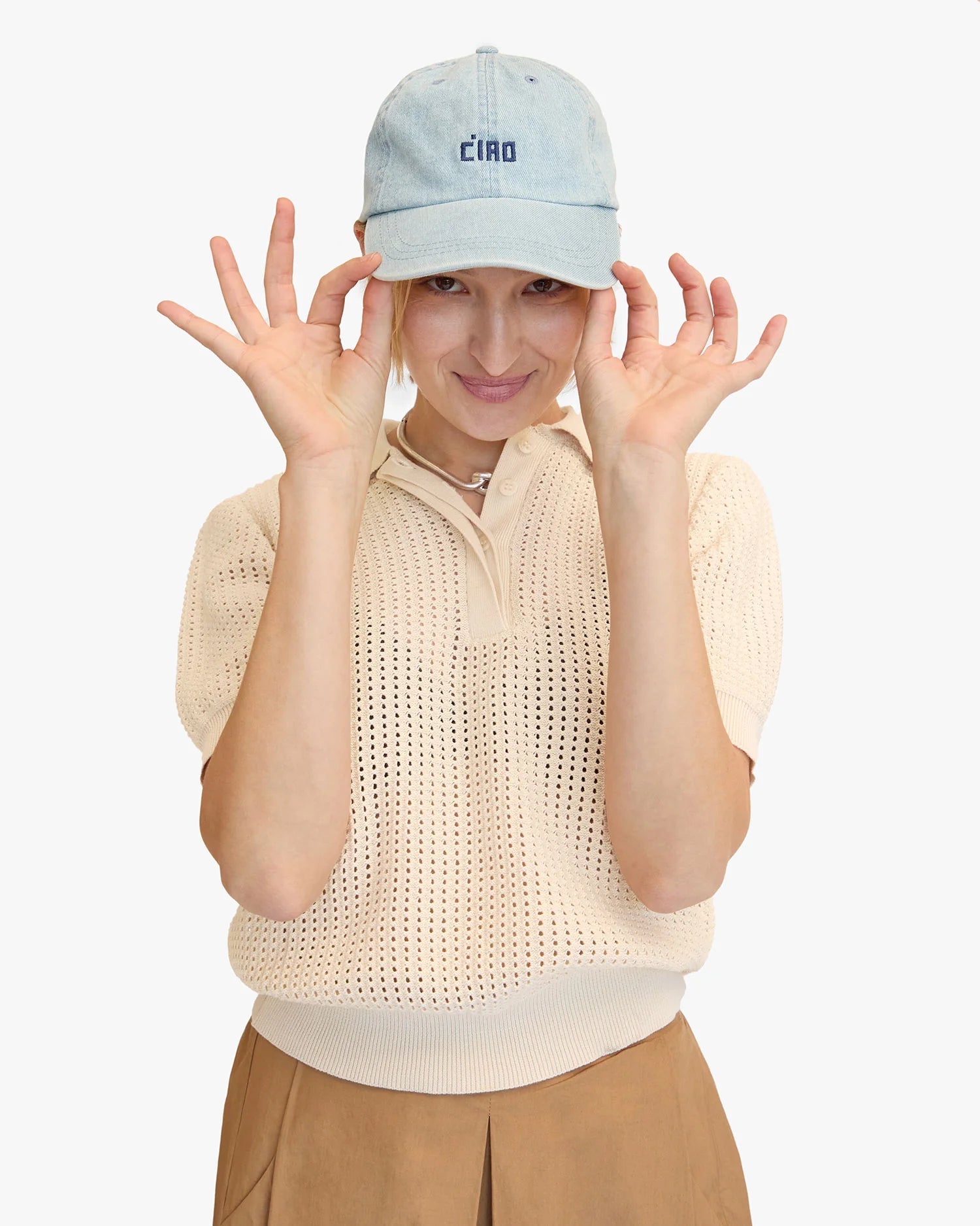 Baseball Hat Light Denim W/ Navy Embroided Ciao Accessories - Hats Clare V. 