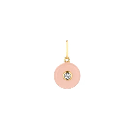 Pink pendant with a gold chain and small gemstone on a white background