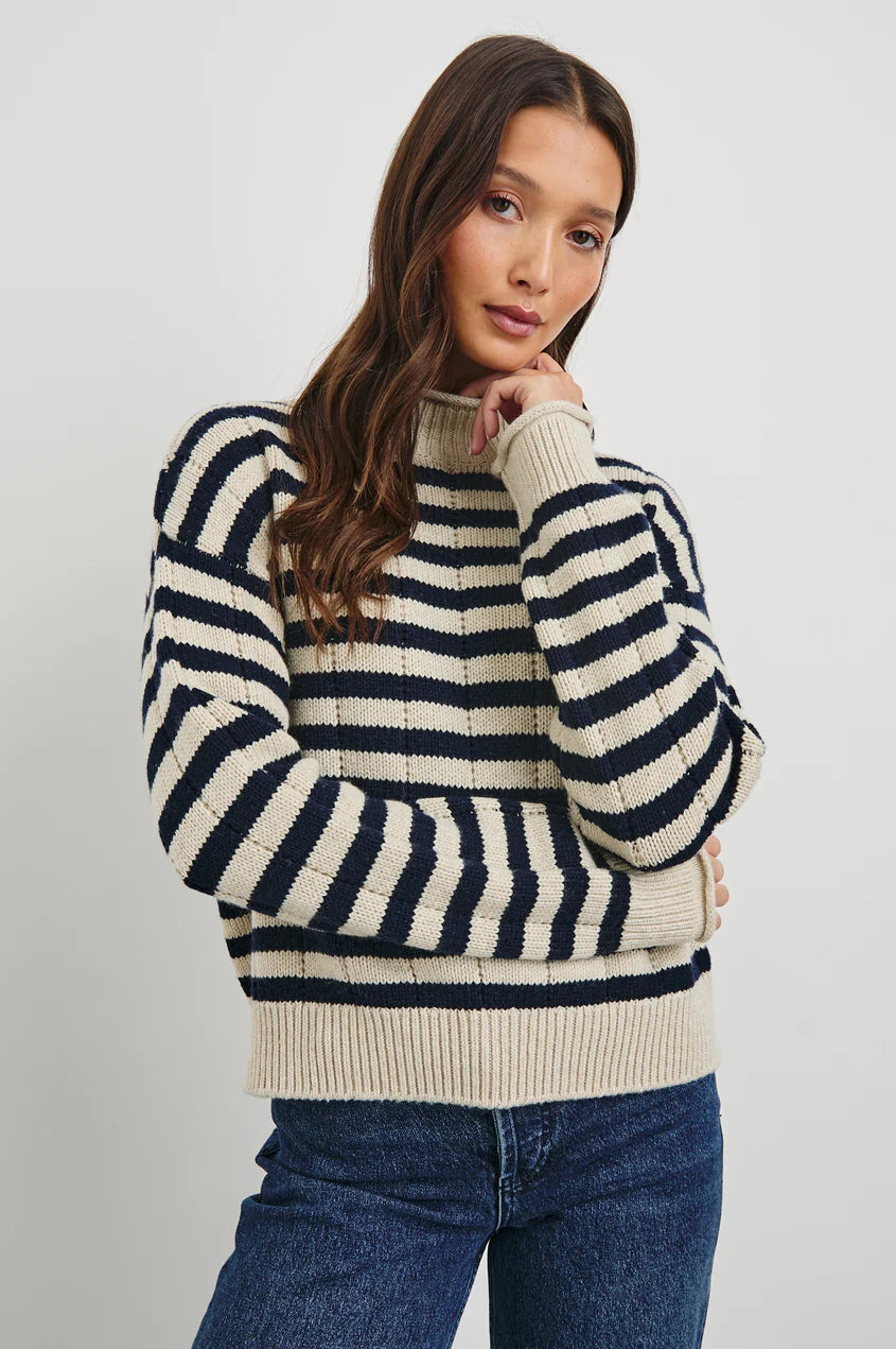 Corrine Sweater Oat Navy Stripe Sweater - Turtleneck Rails 