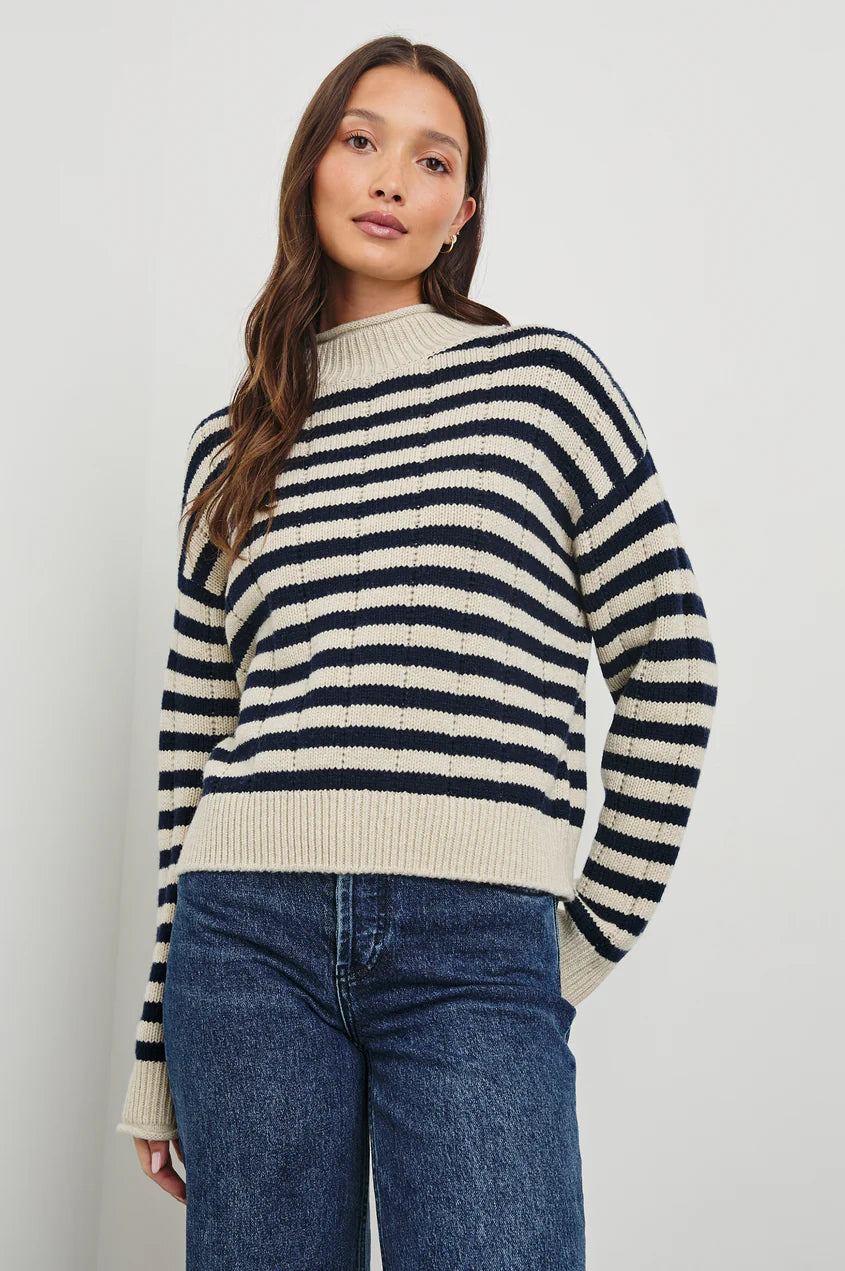 Corrine Sweater Oat Navy Stripe Sweater - Turtleneck Rails 