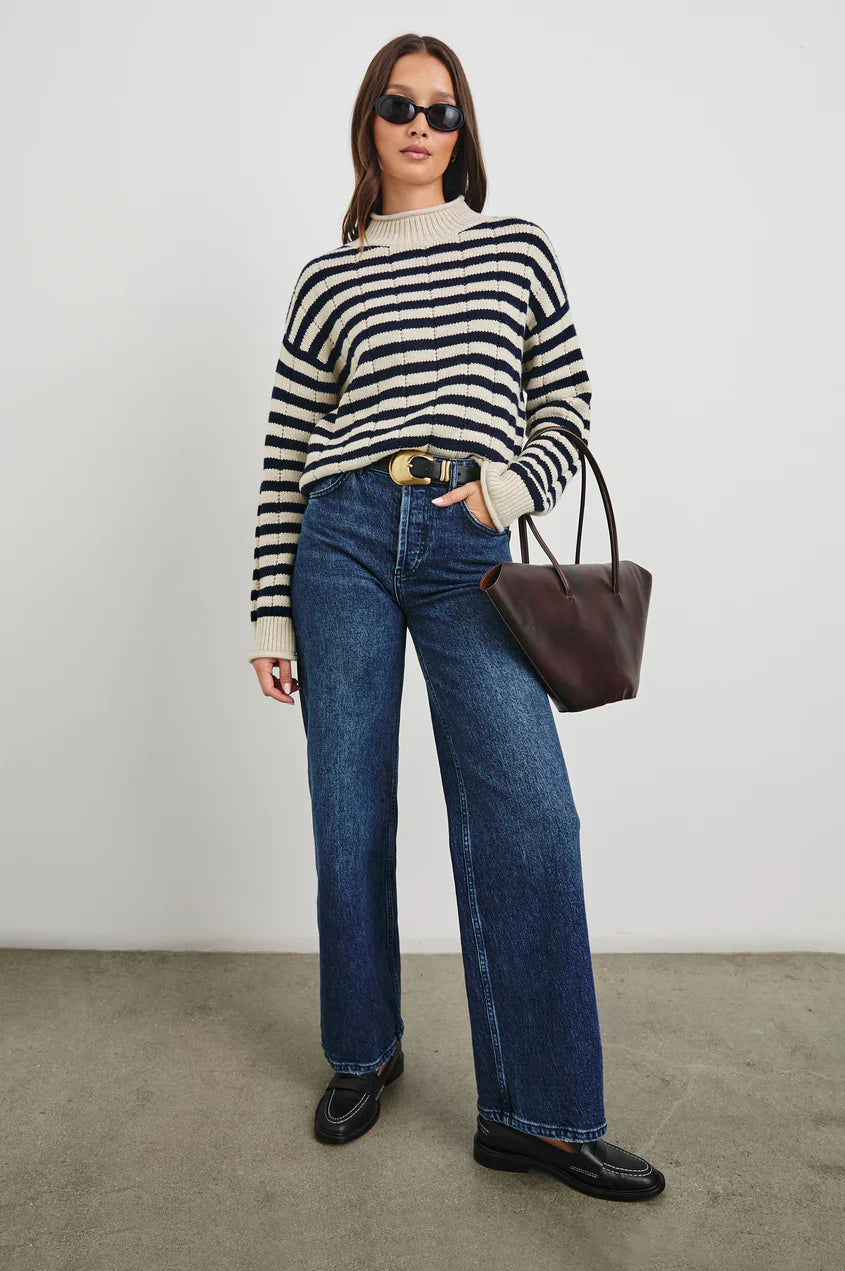 Corrine Sweater Oat Navy Stripe Sweater - Turtleneck Rails 