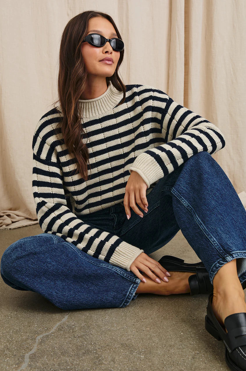 Corrine Sweater Oat Navy Stripe Sweater - Turtleneck Rails 