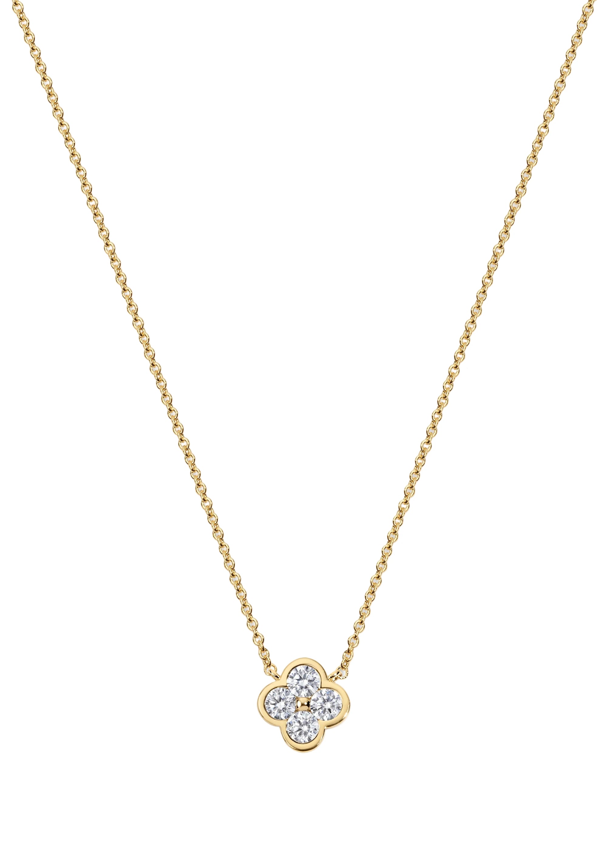 Gold necklace with a clover-shaped pendant on a white background