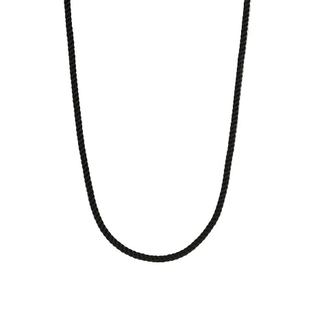 Black cord necklace on a white background