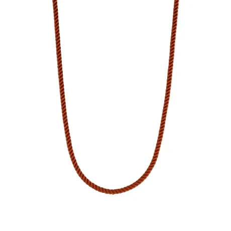 Brown rope-style necklace on a white background
